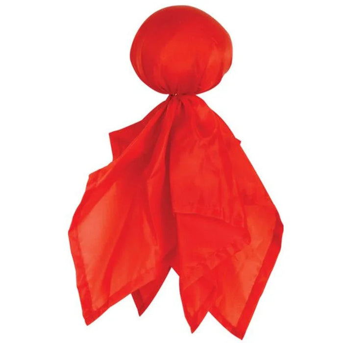 Bright red fabric penalty flag with a round weighted ball at the top and pointed streamers at the bottom.