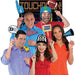 Five smiling people holding colorful football-themed photo booth props including a foam finger, helmet, referee whistle, touchdown sign, and megaphone against a scoreboard background.