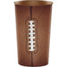 Brown textured plastic cup with a football lace design down the center and white stitching detail.