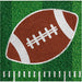 Football-themed beverage napkins with a brown and white football design on green grass background with yard line markings, 16 count.