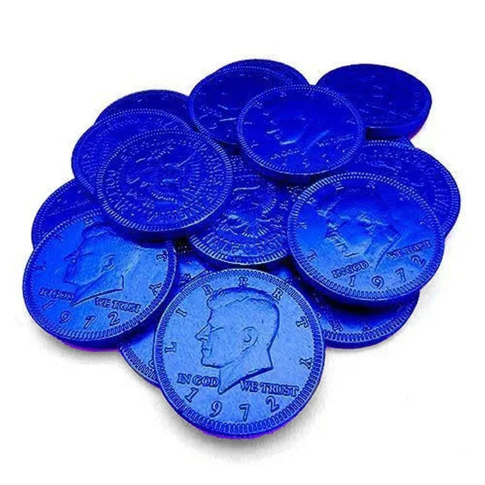 Pile of bright royal blue foil-wrapped chocolate coins with embossed presidential profiles and "In God We Trust" text, displayed against a white background.