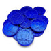 Pile of bright royal blue foil-wrapped chocolate coins with embossed presidential profiles and "In God We Trust" text, displayed against a white background.