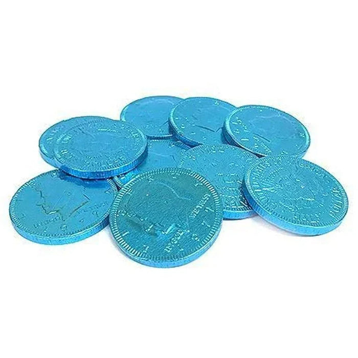 Ten translucent light blue foil-wrapped chocolate coins scattered in a loose pile on a white background.
