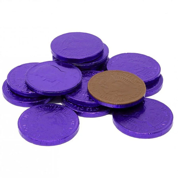 Stack of purple foil-wrapped chocolate coins with one brown chocolate coin in the center, showing the distinctive metallic wrapper and circular shape.