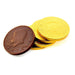 Chocolate coin candies displayed with a brown chocolate coin on the left and a stack of four gold foil-wrapped yellow coins on the right against a white background.