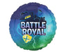 Round foil balloon in blue and green gradient featuring "Battle Royal" text in white, with yellow shield icon and pixelated game graphics including a bus, buildings, and lightning bolts.