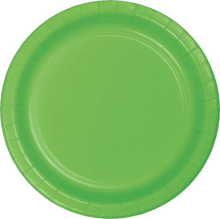 Bright green paper plate with a ribbed rim and circular well design, shown from above on a white background.