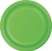 Bright green paper plate with a ribbed rim and circular well design, shown from above on a white background.
