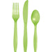 Three bright lime green plastic utensils displayed vertically: a fork on the left, knife in the center, and spoon on the right.