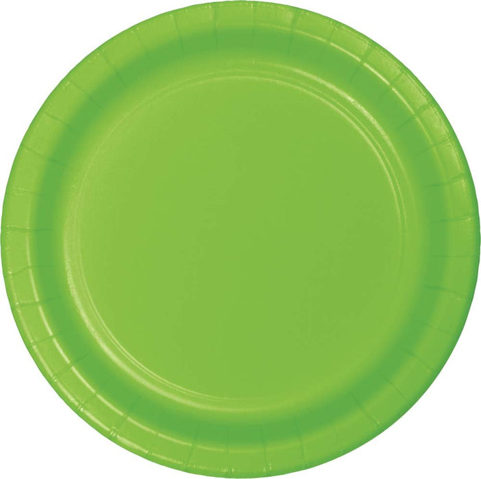 Bright lime green disposable paper plate with a ridged rim and circular well in the center.
