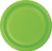 Bright lime green disposable paper plate with a ridged rim and circular well in the center.
