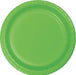 Bright lime green paper plate with a ridged rim and recessed center well, viewed from above.