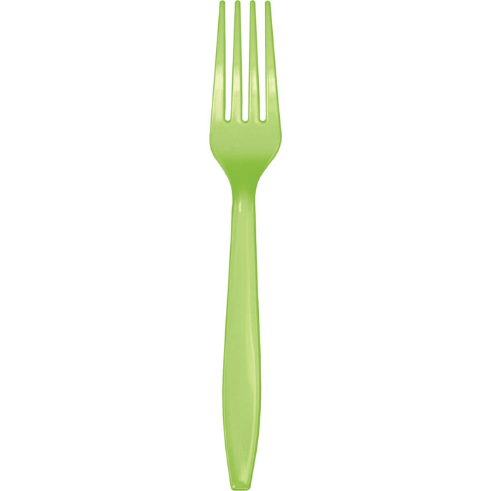 Bright lime green plastic fork with four prongs and a tapered handle, shown against a white background.