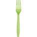 Bright lime green plastic fork with four prongs and a tapered handle, shown against a white background.