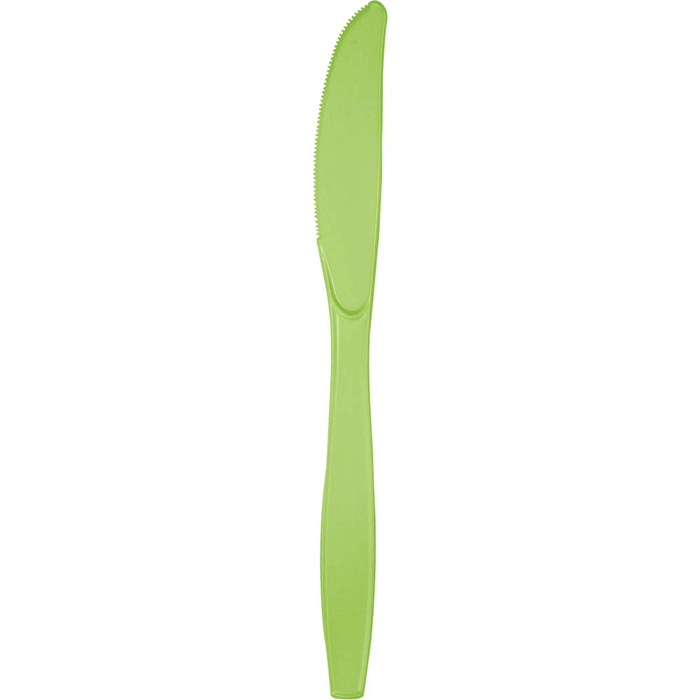 Bright green plastic knife with a serrated edge and tapered handle, shown against a white background.