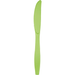 Bright green plastic knife with a serrated edge and tapered handle, shown against a white background.