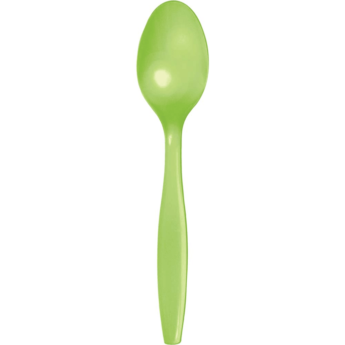 Bright green plastic spoon with an oval bowl and tapered handle, shown against a white background.