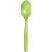 Bright green plastic spoon with an oval bowl and tapered handle, shown against a white background.