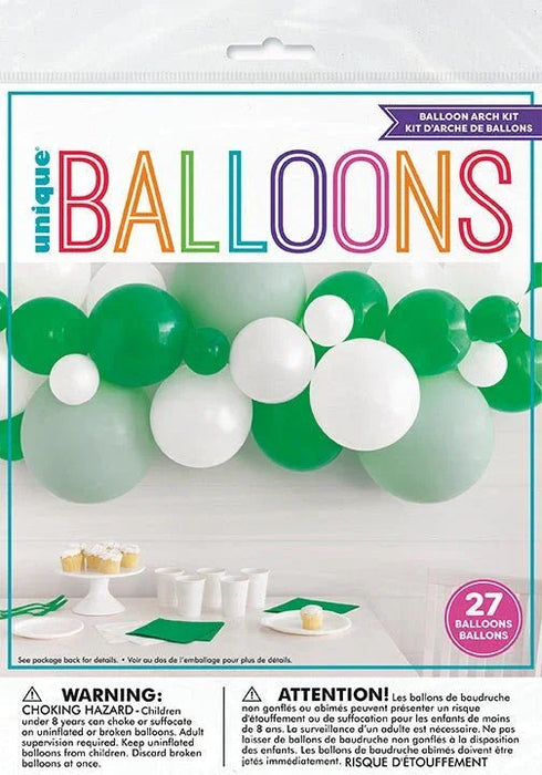 Balloon arch kit with 27 green and white balloons of various sizes arranged in a garland display above a white dessert table.
