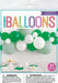 Balloon arch kit with 27 green and white balloons of various sizes arranged in a garland display above a white dessert table.