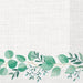 White napkin with a delicate watercolor border of green eucalyptus leaves and circular foliage along the bottom edge.