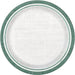 Round paper plate with a white center and textured green striped border with thin light green accent lines.