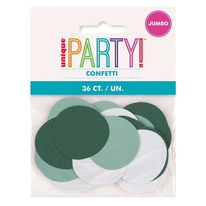 Jumbo Party Confetti package containing 36 count circular paper pieces in shades of white, light green, and dark green.