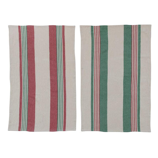 Christmas Cotton Printed Tea Towels w/ Stripes & Jute & Wood Bead Tie | 2 ct