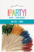 Unique Party Picks Cure-Dents packaging showing 50 colorful wooden picks with frilled tops in green, orange, yellow, blue, and red colors fanned out in display.