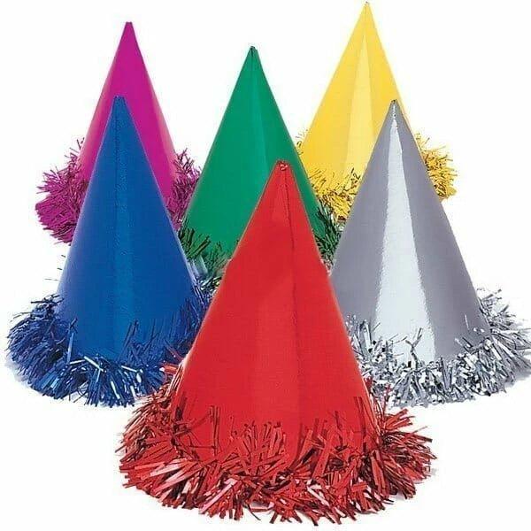 Six colorful foil party cone hats with metallic fringe trim in blue, purple, green, yellow, red, and silver arranged in two rows.