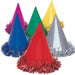 Six colorful foil party cone hats with metallic fringe trim in blue, purple, green, yellow, red, and silver arranged in two rows.