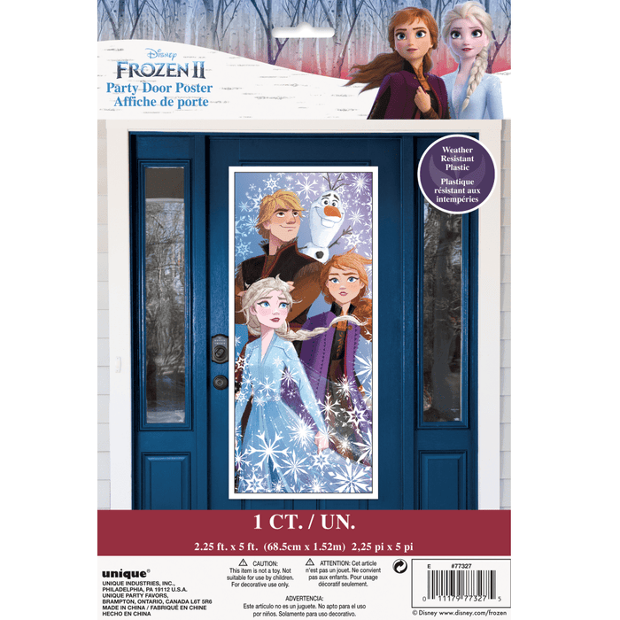 Frozen II party door poster featuring Anna, Elsa, Olaf, and Kristoff on a blue snowflake background, measuring 2.25 feet by 5 feet, made of weather-resistant plastic.