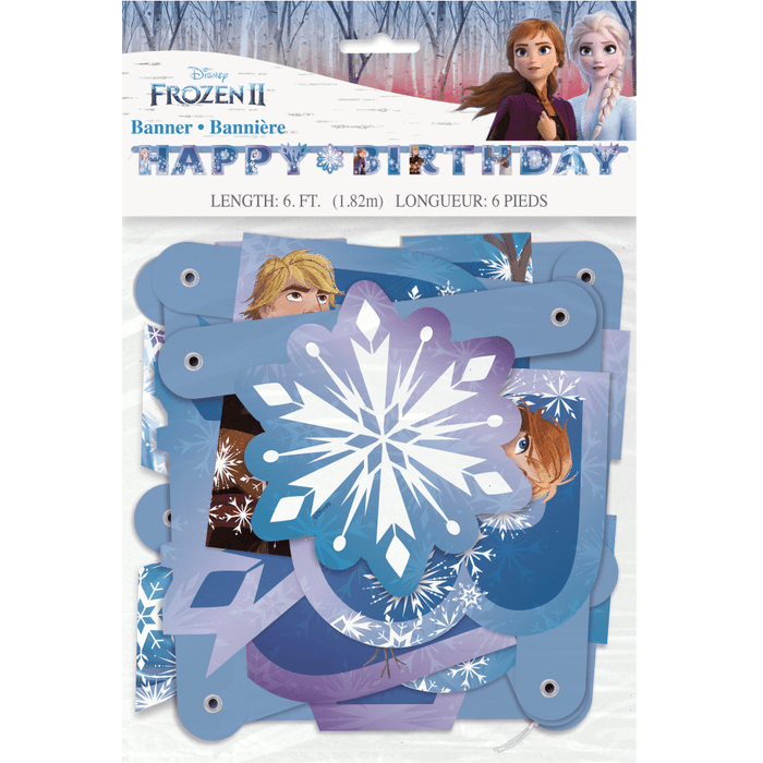 Frozen 2 birthday banner packaging with characters and snowflake design.