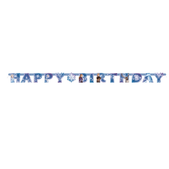 Happy Birthday banner with cartoon characters on a white background