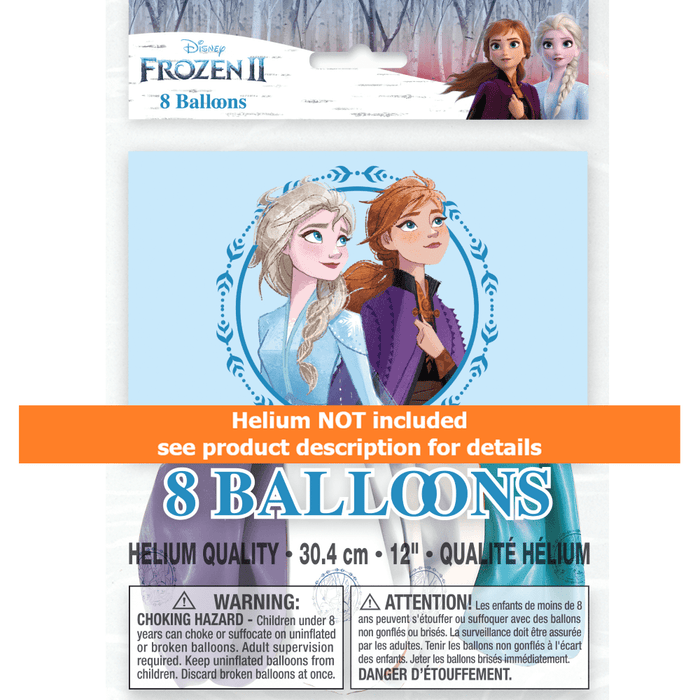 Package of eight 12-inch Frozen II latex balloons featuring Elsa and Anna on light blue background with decorative snowflake border design.