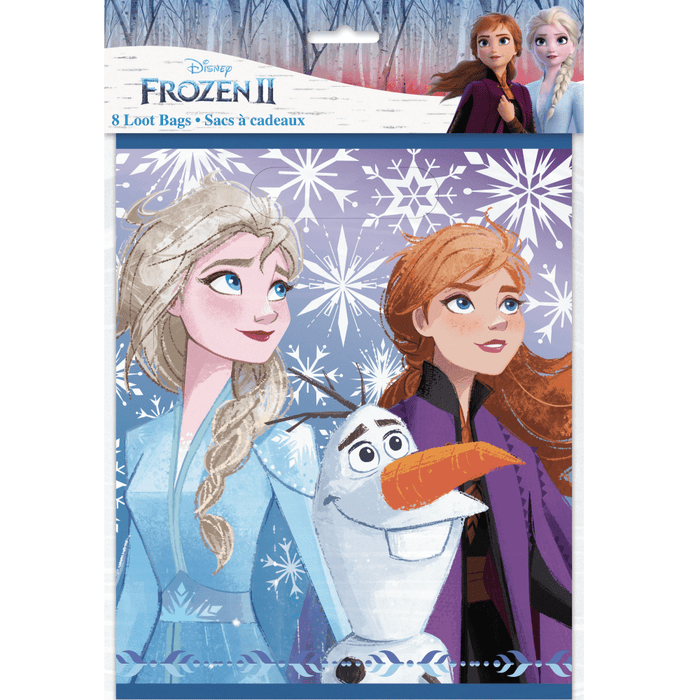 Package of eight Frozen II loot bags featuring Elsa, Anna, and Olaf illustrated on a purple snowflake background.