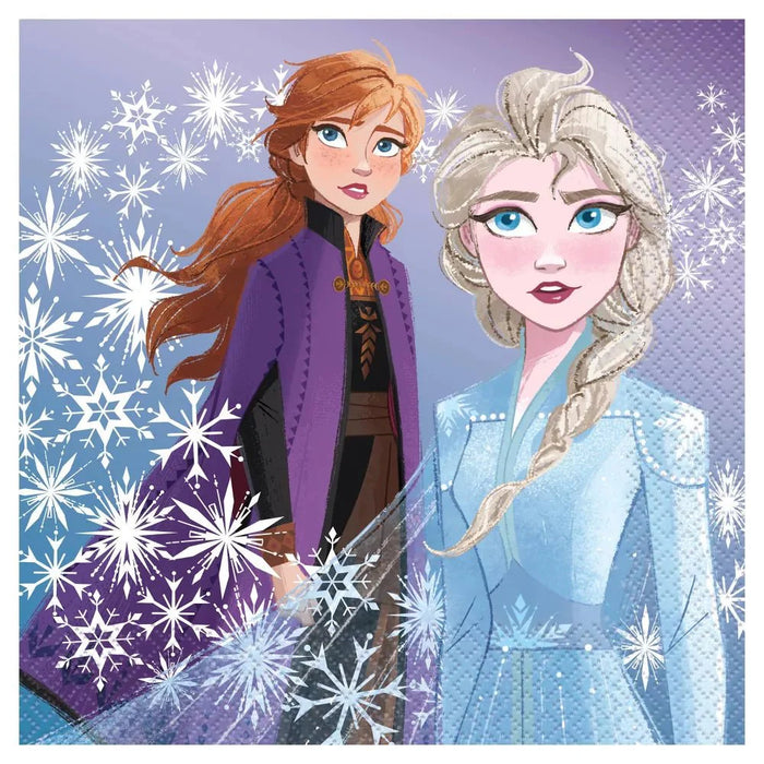 Two animated characters from 'Frozen' with snowflake designs on a purple background