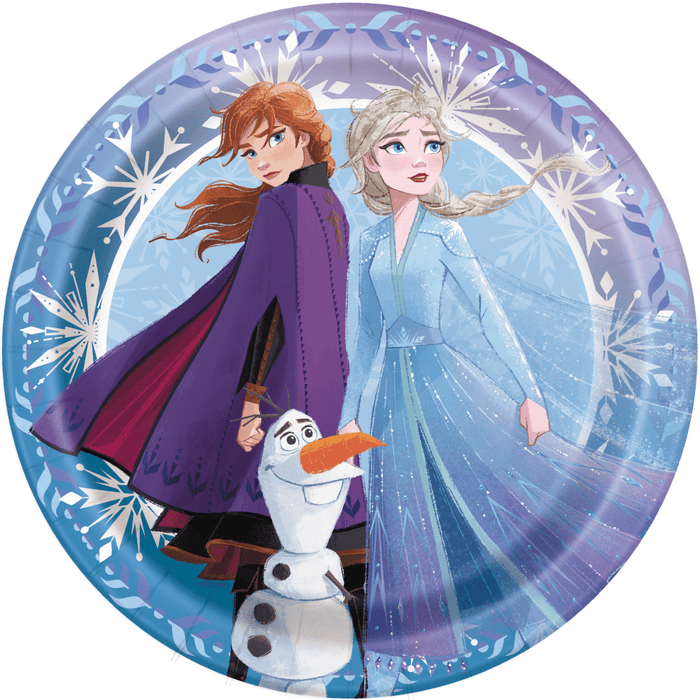 Circular paper plate featuring Elsa in a blue dress and Anna in a purple cape with Olaf the snowman, surrounded by decorative snowflake patterns in purple and blue tones.