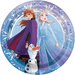 Circular paper plate featuring Elsa in a blue dress and Anna in a purple cape with Olaf the snowman, surrounded by decorative snowflake patterns in purple and blue tones.