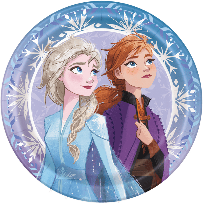 Round paper plate featuring two animated female characters with blonde and reddish-brown hair in blue and purple outfits, surrounded by a decorative snowflake border in shades of blue and white.