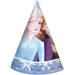 Blue cone-shaped party hat featuring animated characters with white and brown hair, snowflake designs at the base, set of eight.