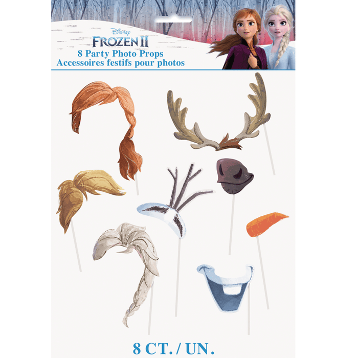 Disney Frozen II party photo props set of 8 pieces including Anna and Elsa hair wigs, reindeer antlers, hats, carrot nose, and beard pieces on sticks.