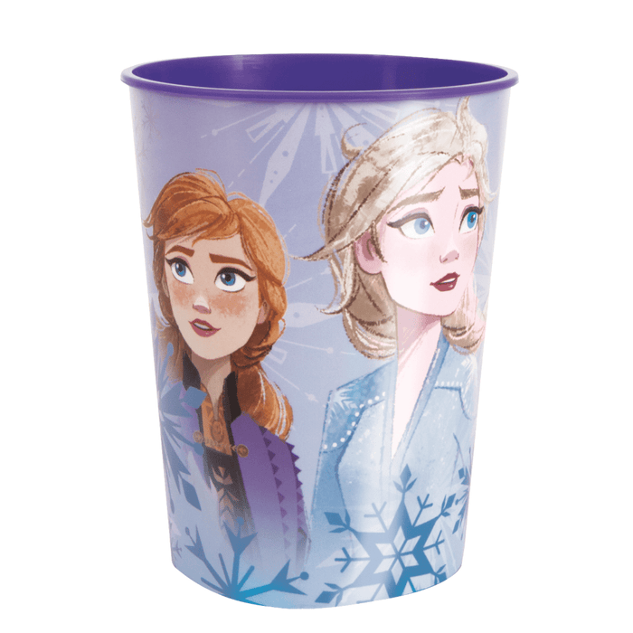 Purple plastic cup featuring two animated female characters with blue snowflake designs on a gradient background.