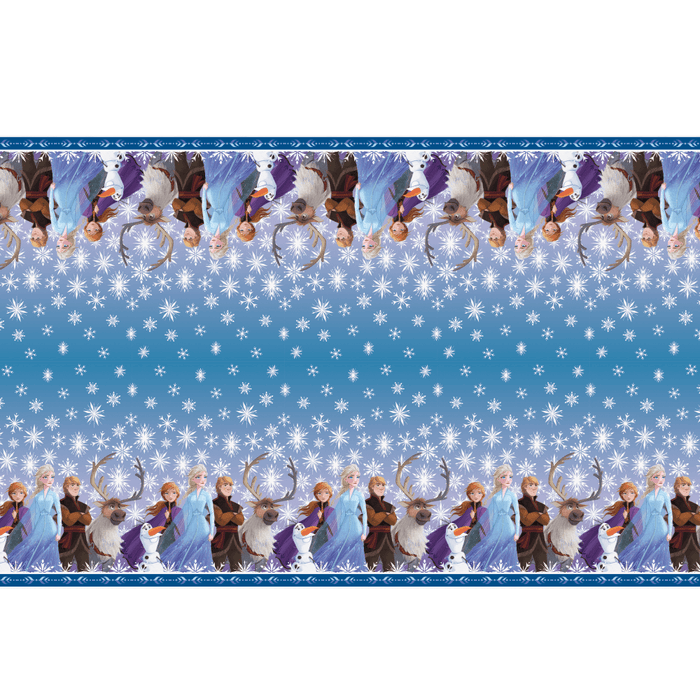 Blue plastic tablecover featuring Frozen characters and snowflakes in a repeating pattern with decorative borders on top and bottom.
