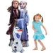 Large foil balloon featuring Elsa, Anna, and Olaf from Frozen 2, standing 58 inches tall, displayed next to a young girl in a turquoise dress for size comparison.