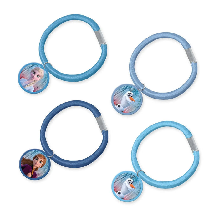 Four blue elastic hair ponies with character medallions featuring Elsa, Anna, and Olaf from Frozen 2, each with a gray metal clasp.