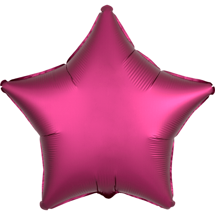 Bright fuchsia pink star-shaped foil balloon with five pointed tips and a small valve at the top for inflation.