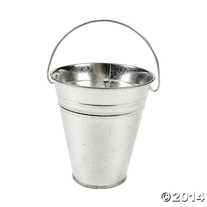 White galvanized metal bucket with two decorative metal bands and a curved wire handle for carrying.