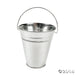 White galvanized metal bucket with two decorative metal bands and a curved wire handle for carrying.