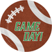 Brown football-shaped paper plate with white laces and striping, featuring green "GAME DAY!" text in the center.
